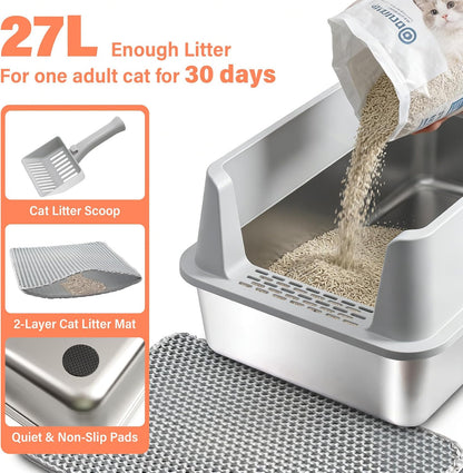 2PACK Stainless Steel Cat Litter Box with Lid, XL Metal Litter Box