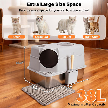 Stainless Steel Litter Box with Lid,Extra Large Enclosed Cat Litter Box