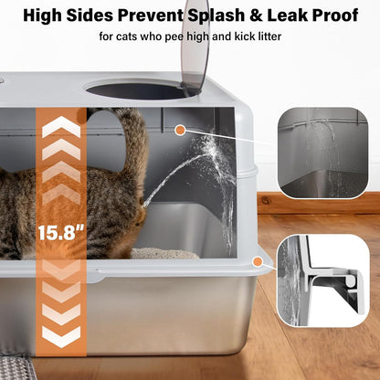 Stainless Steel Litter Box with Lid,Extra Large Enclosed Cat Litter Box