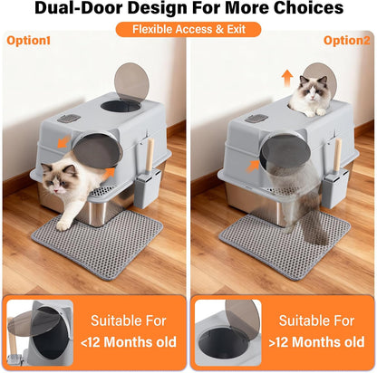Stainless Steel Litter Box with Lid,Extra Large Enclosed Cat Litter Box