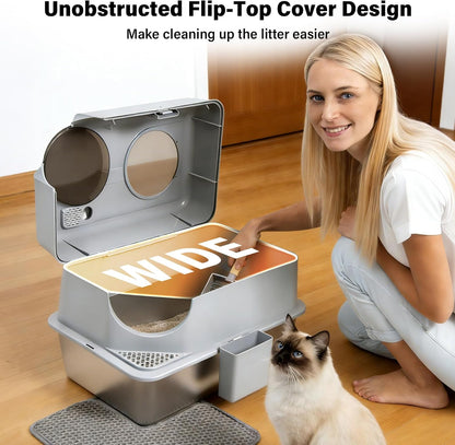 Stainless Steel Litter Box with Lid,Extra Large Enclosed Cat Litter Box