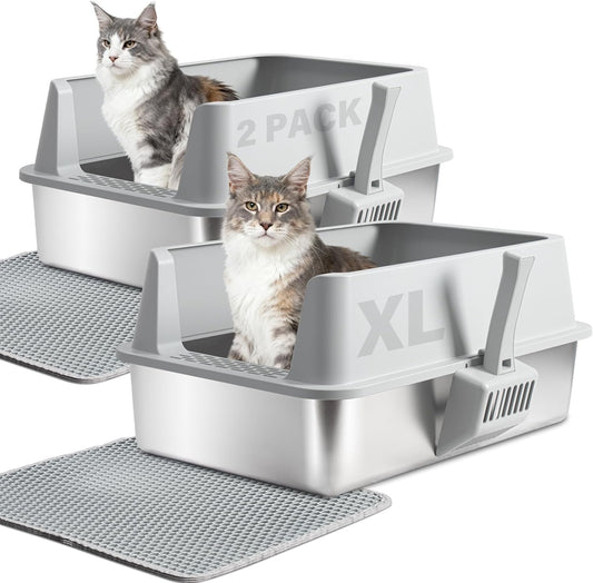 2PACK Stainless Steel Cat Litter Box with Lid, XL Metal Litter Box